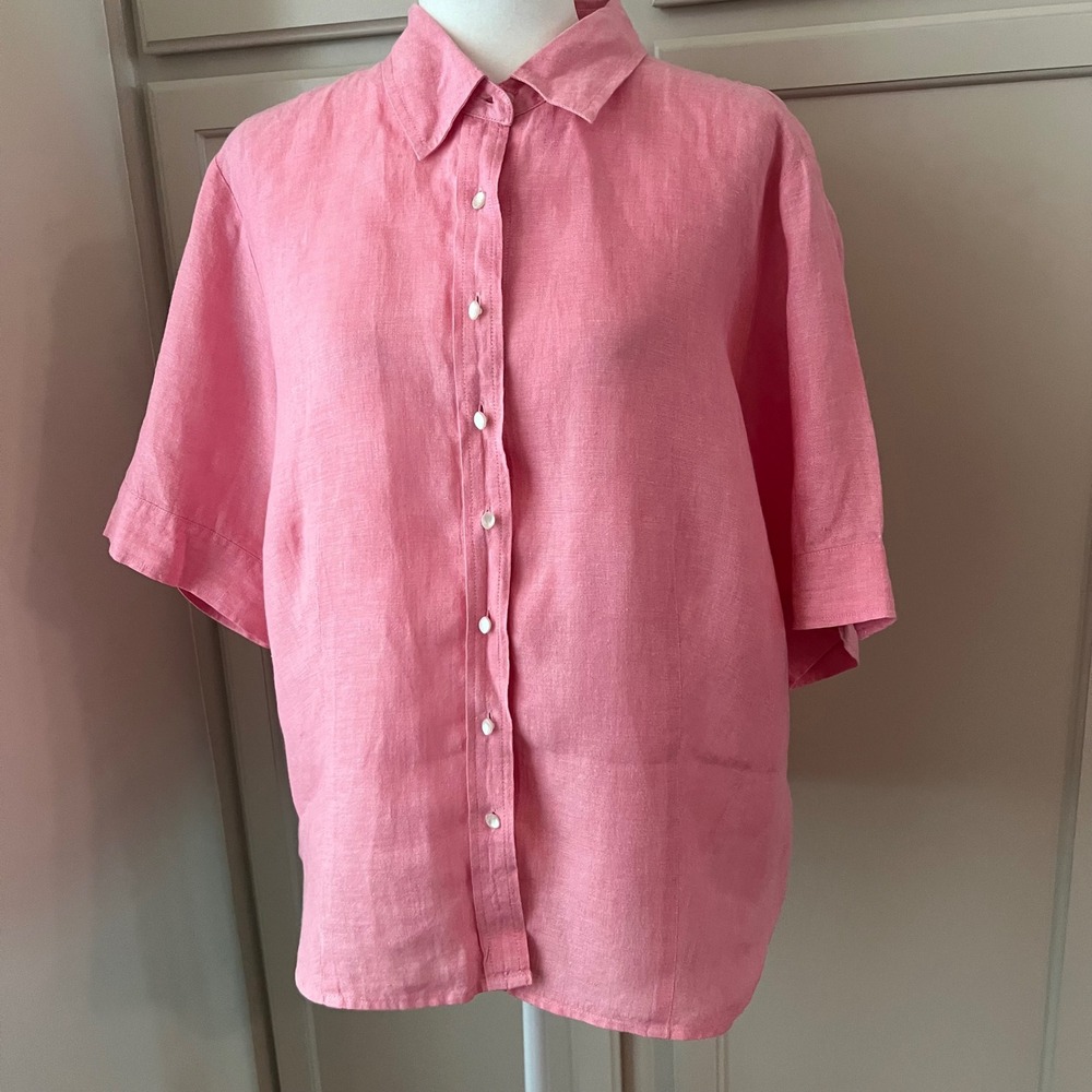 Talbots Woman Pink Irish Linen Short Sleeve Button Down Shirt Plus Size 16W